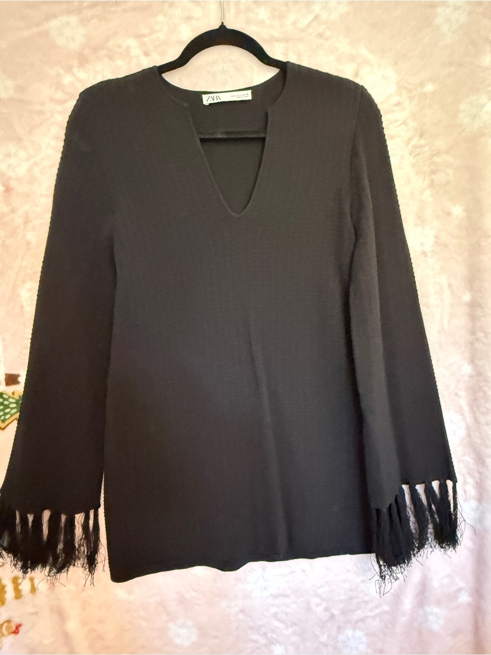 Zara Black V-Notch Knit Top with Textured Finish